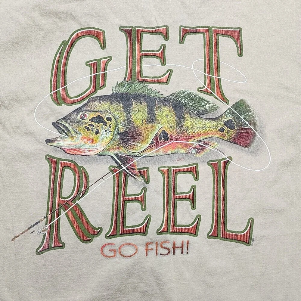 Get Reel Go Fish Shirt Men's Brown T-Shirt Peacock Bass Size M